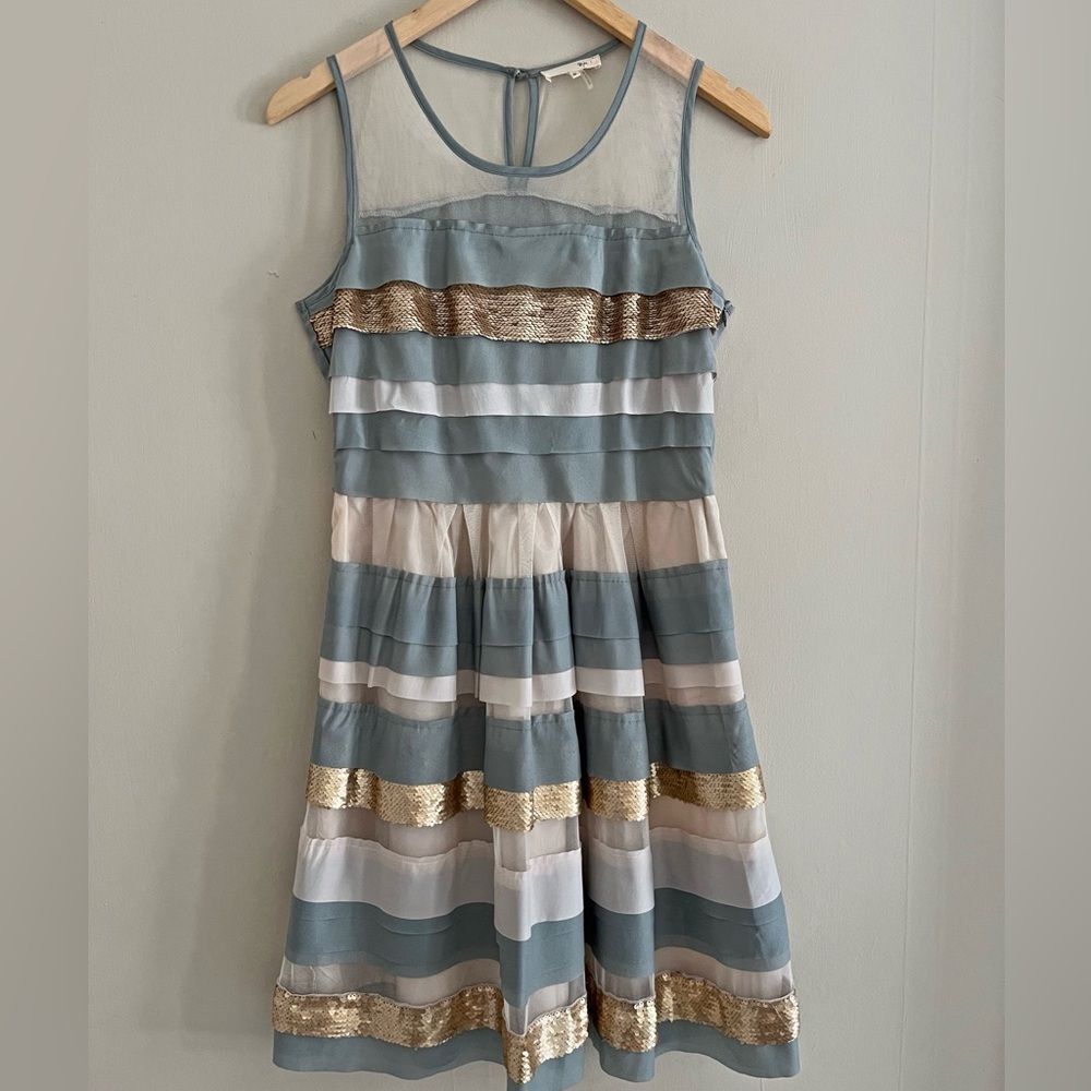 RYU Sage Tiered Dress Gold Sequin Mesh Bodice Party Cocktail Formal Small
